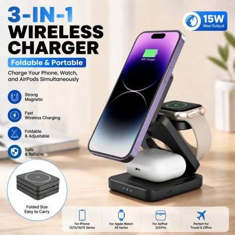 Station de charge sans fil 3 en 1 pliable